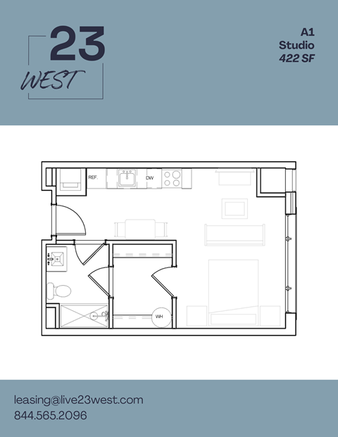 Floor plan for studio, 1 bath, 422 sqft